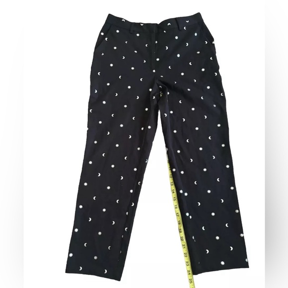 MODCLOTH Pants Career Zip Front Elastic Stars Moons Black Silver Women’s 10 - Picture 2 of 5
